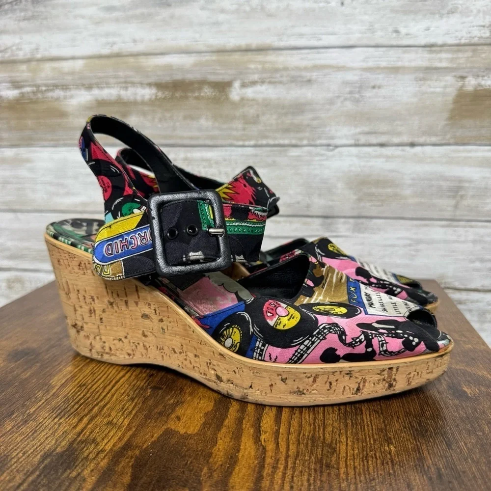 Nicole Miller Silk Platform Wedge Sandals 1960's Jazz Soul Music Pattern Size 7